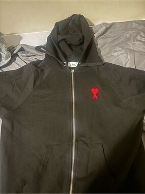 AMII  men’s Black Zip-Up Hoodie with Red Heart Motif